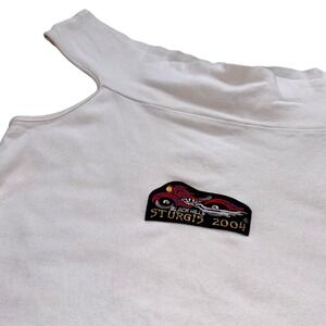 Upcycled Y2K Sturgis 2004 Motorcycle Graphic Off Shoulder White Tank Top M/L